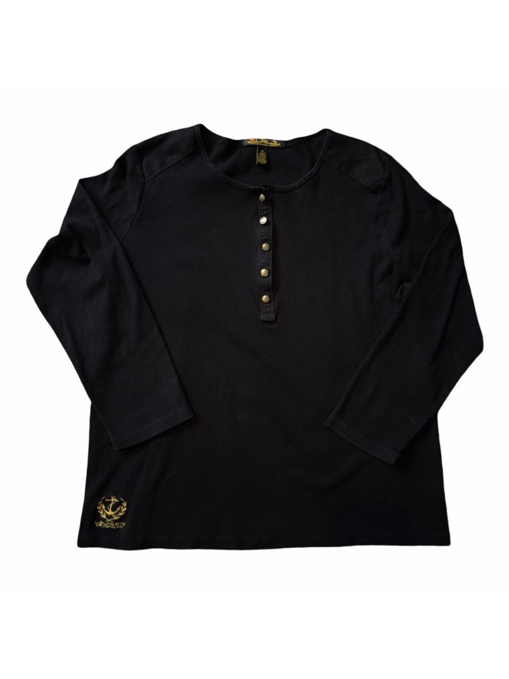 Ralph Lauren LRL Top 2XL Black Henley Gold Buttons Embroidered Anchor Crest